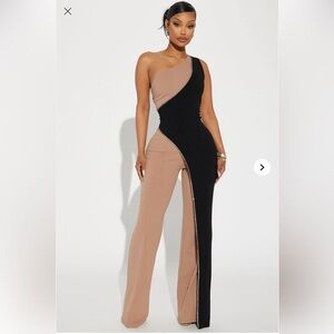 Fashion Nova Black and Tan Asymmetrical Jumpsuit
